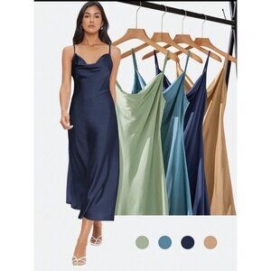satin midi dress cowl neck navy blue